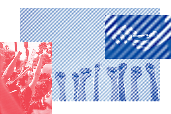A collage of fists raised in protest and an image of someone using a cellphone.